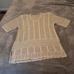 TICO Cotton (Pumat) Beige Short Sleeve Open Knit Crochet Top Sz M L XL